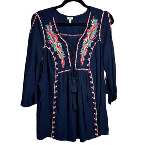 Reba Slit Sleeve Embroidered Navy India Tie Front Bohemian Hippie Tunic Size L